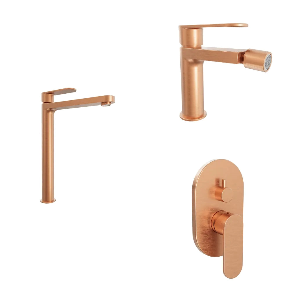 Set miscelatori lavabo alto bidet miscelatore doccia con deviatore rame spazzolato | Margot
