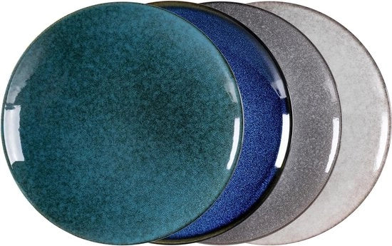 Tavola da pranzo in ceramica, 26 cm, grandi piatti da tavola, piatti per insalata, set da 4 piatti, blu/giallo-verde/grigio chiaro/grigio scuro vintage
