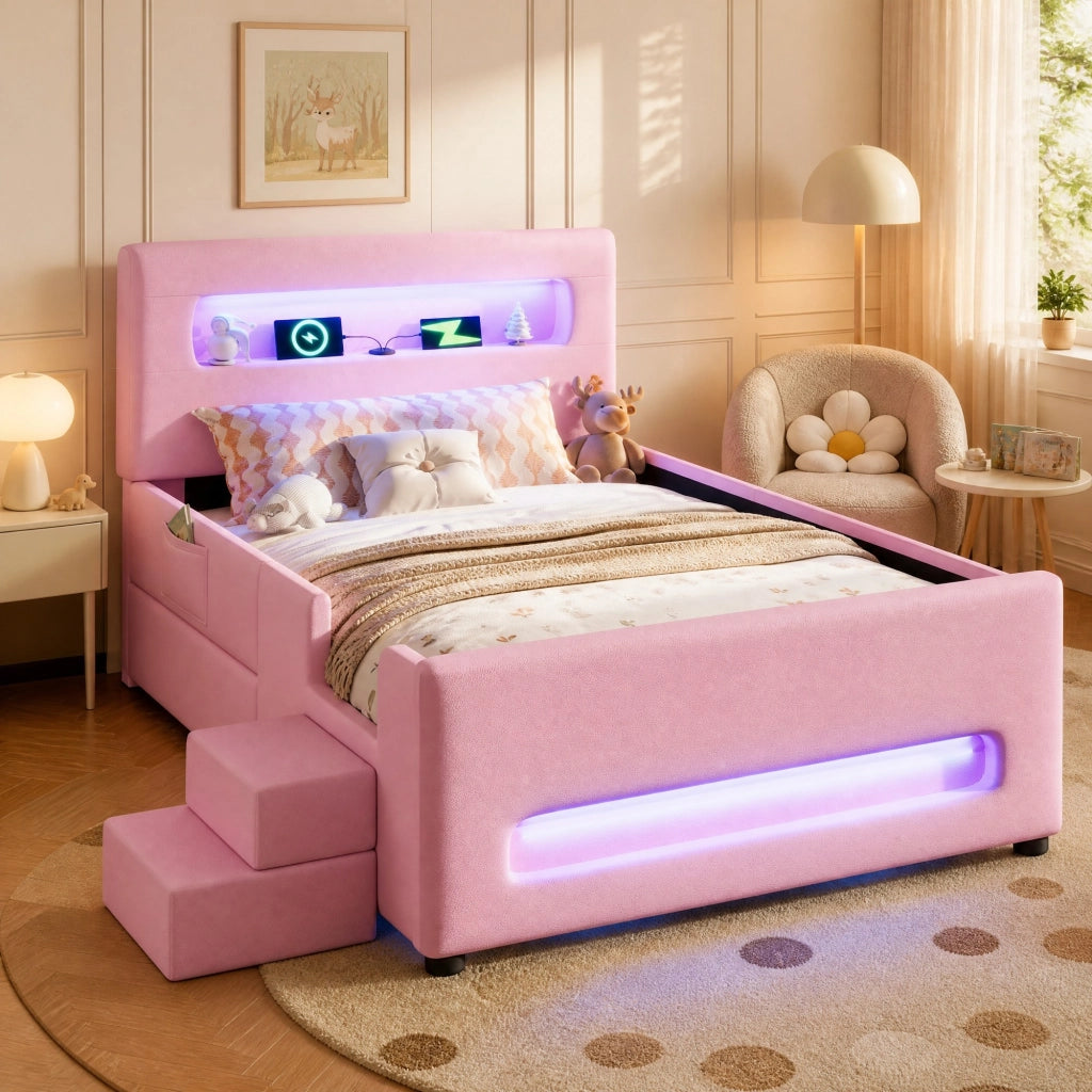 Letto a piattaforma imbottito 90x200 cm con cassetto; LED; PU e MDF; rosa