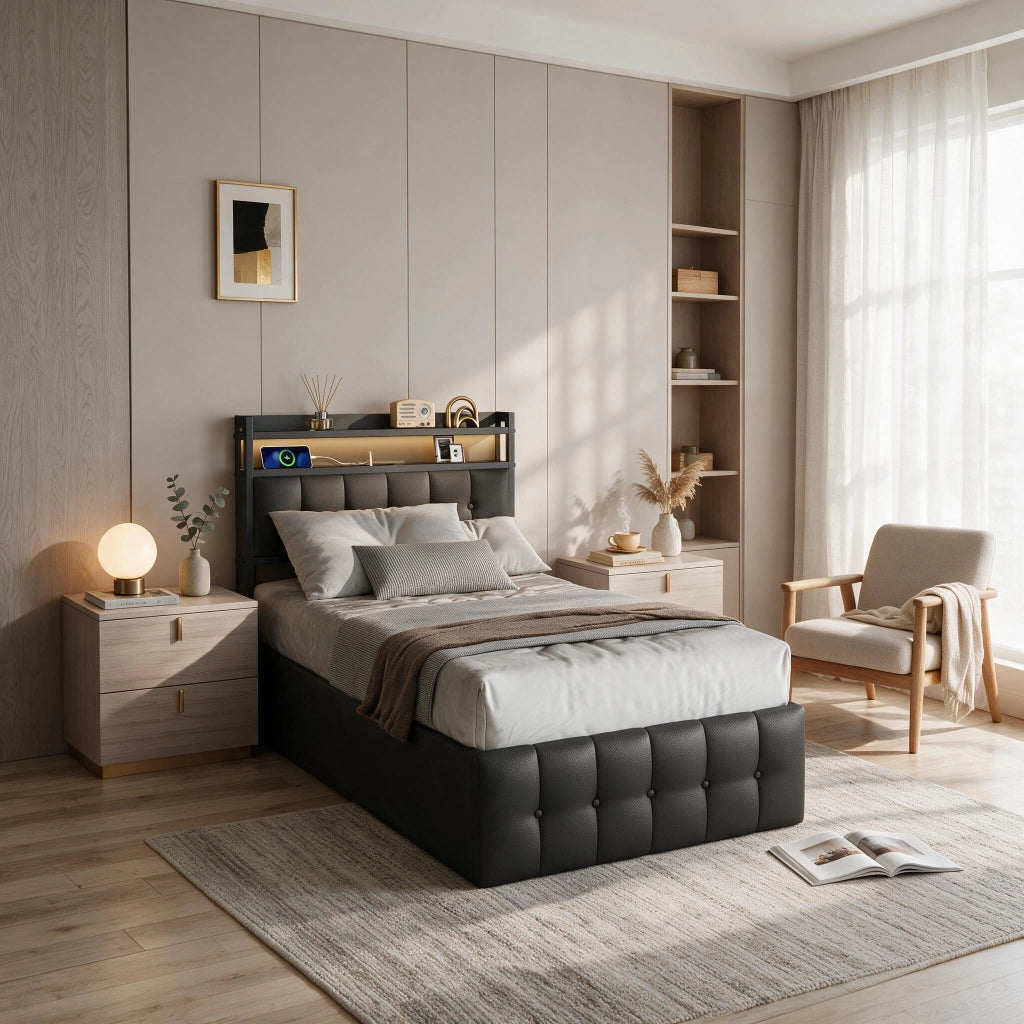 Letto singolo 90x200 cm con contenitore LED USB testiera struttura letto MDF e PU - nero