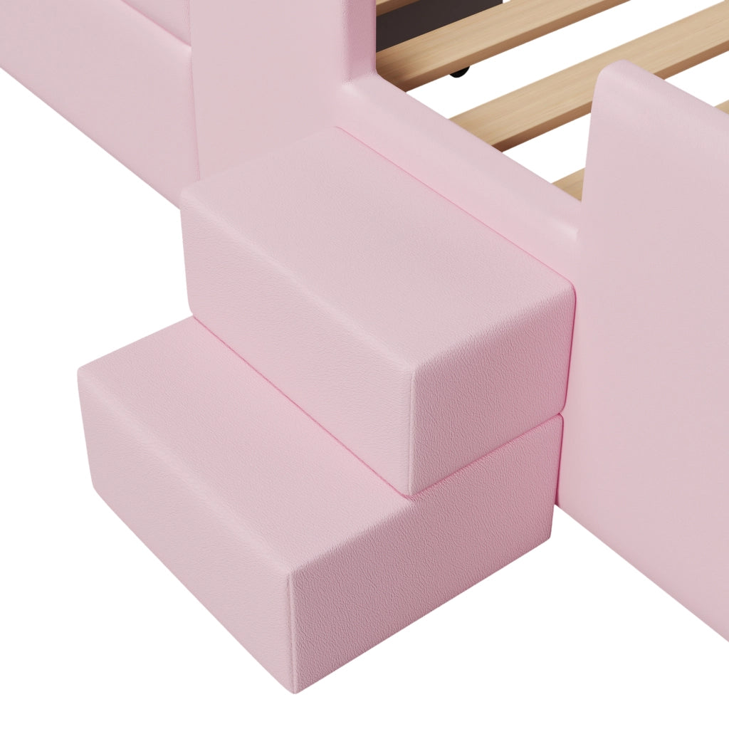 Letto imbottito con luci led, cassetto, prese USB e scaletta, rosa 90x200