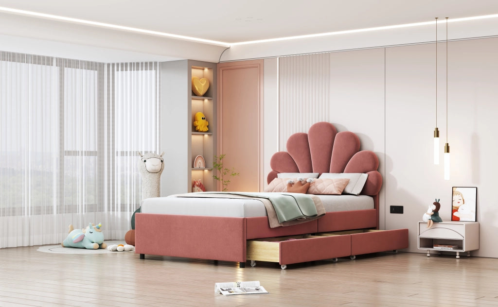 OKWISH Letto Bambini 90×200 cm, Letto Singolo con 2 Cassetti, Testiera Imbottita, 2 Vani e Velluto, senza Materasso, Rosa