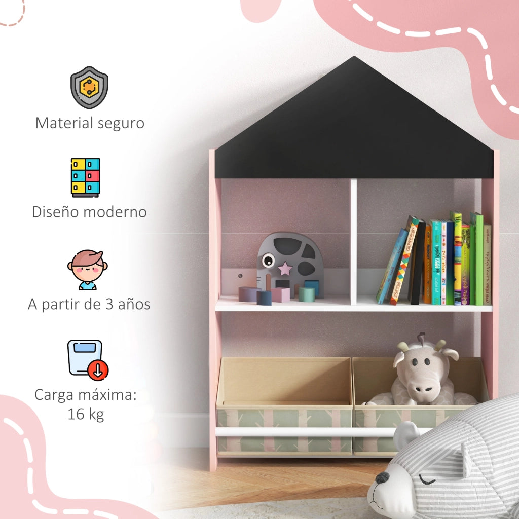 Scaffale per Giocattoli con Ripiani Aperti e 2 Contenitori Estraibili ¨C zephmum ¨C Rosa 62.4x26.5x90 cm