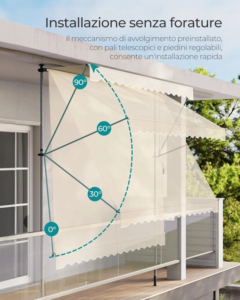 SONGMICS Tenda da Sole Avvolgibile, Tendalino Parasole Retrattile Manuale, Regolabile in Altezza con Manovella per Balcone Giardino Patio, 300 x 120 cm, Beige GSA302M01