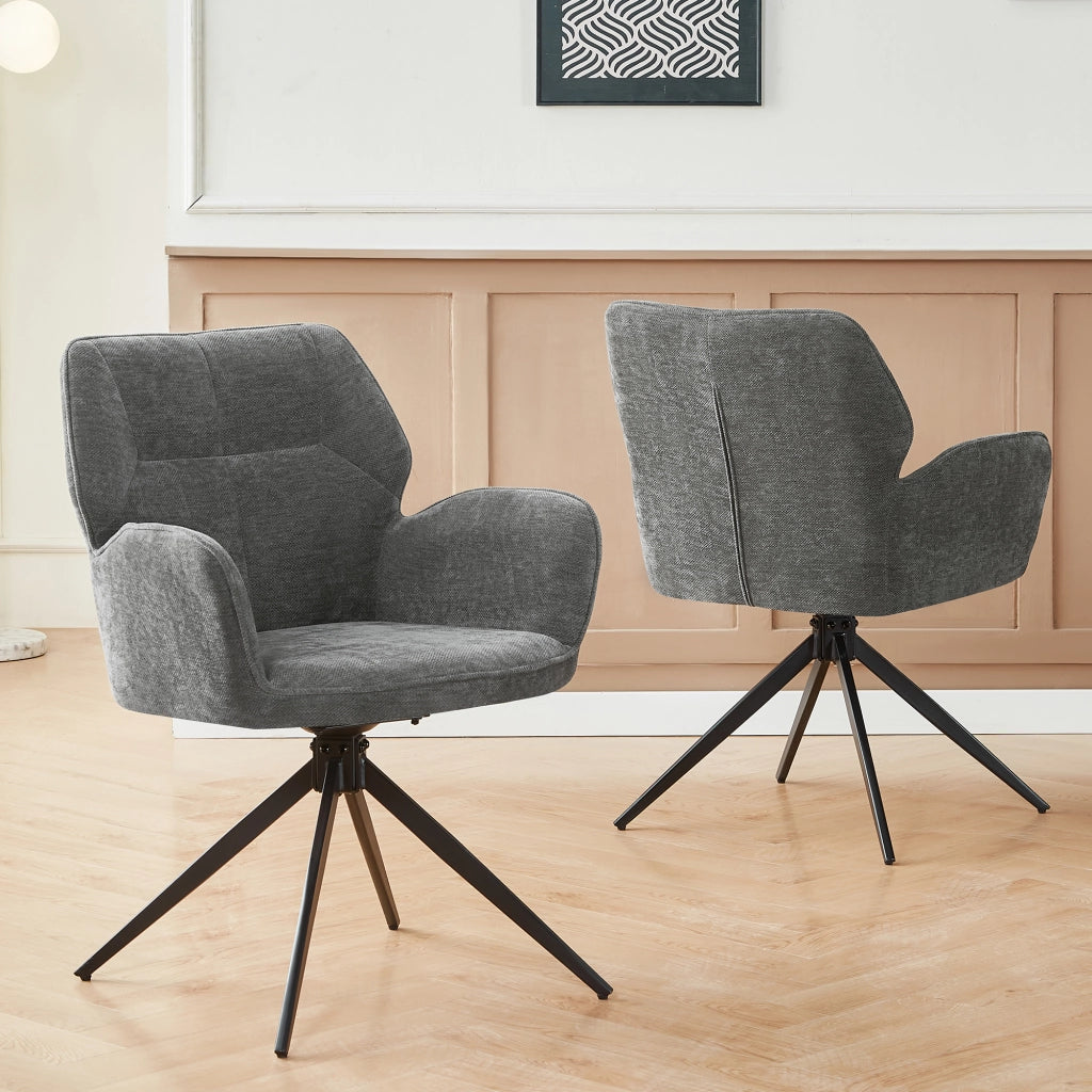 Set di 2 sedie girevoli da pranzo - con braccioli - in chenille e metallo - grigio scuro