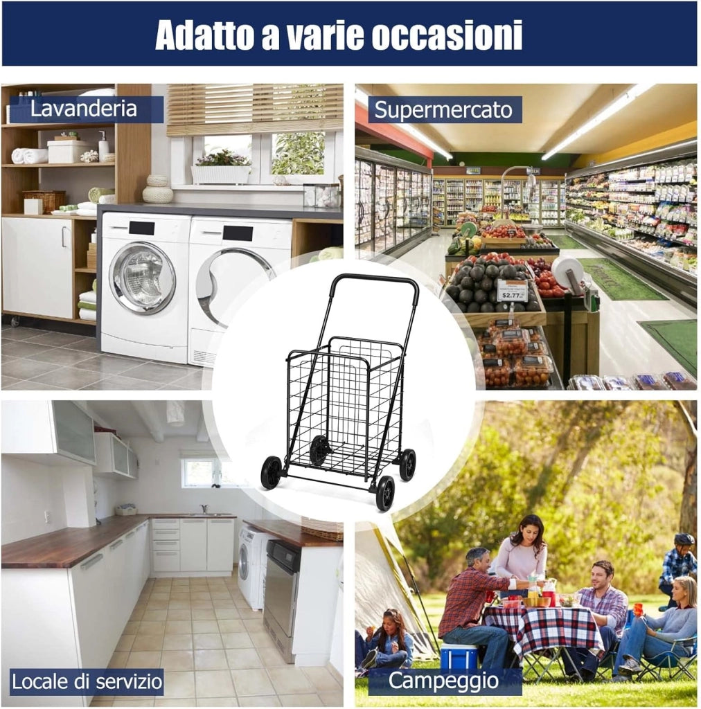 Carrello Portaspesa Pieghevole, Carrello Spesa con Ruote, Capacità di Carico: 45 kg, 83L, 57 x 58 x 91 cm (Nero)