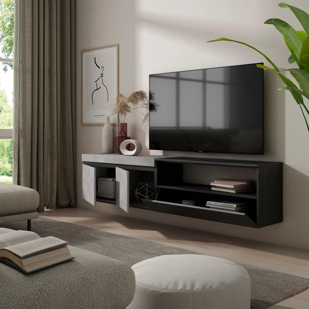 Mobile TV, 200x35x45cm, soggiorno, Per TV fino a 80", da appendere, grigio cemento RF2246
