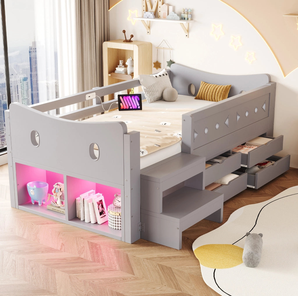 Letto singolo per bambini grigio 90 x 200 cm con cassetti, LED e prese USB