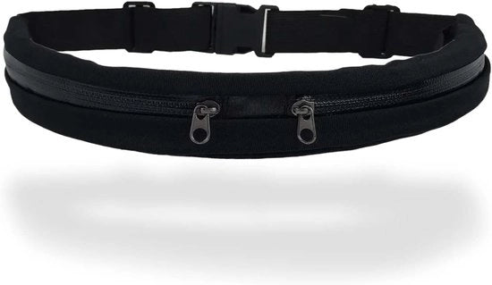 Cintura elastica regolabile con tasche doppia - Grande capacità borsa per allenamento, bicicletta e passeggiate - Nero