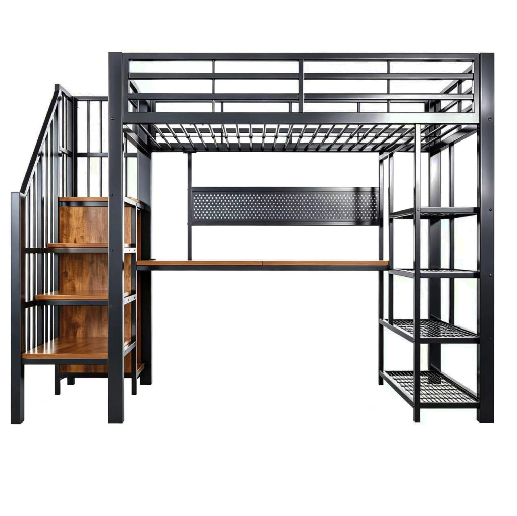 Letto a soppalco 90x200 cm con scala contenitore; LED e prese in metallo nero