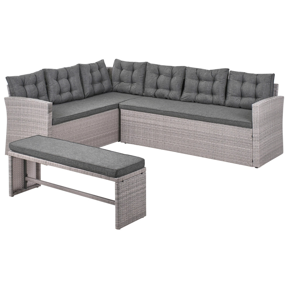 Set da pranzo ad angolo da giardino grigio finto rattan con cuscini divano panca tavolo rettangolare piano in vetro 80 x 145 cm vimini