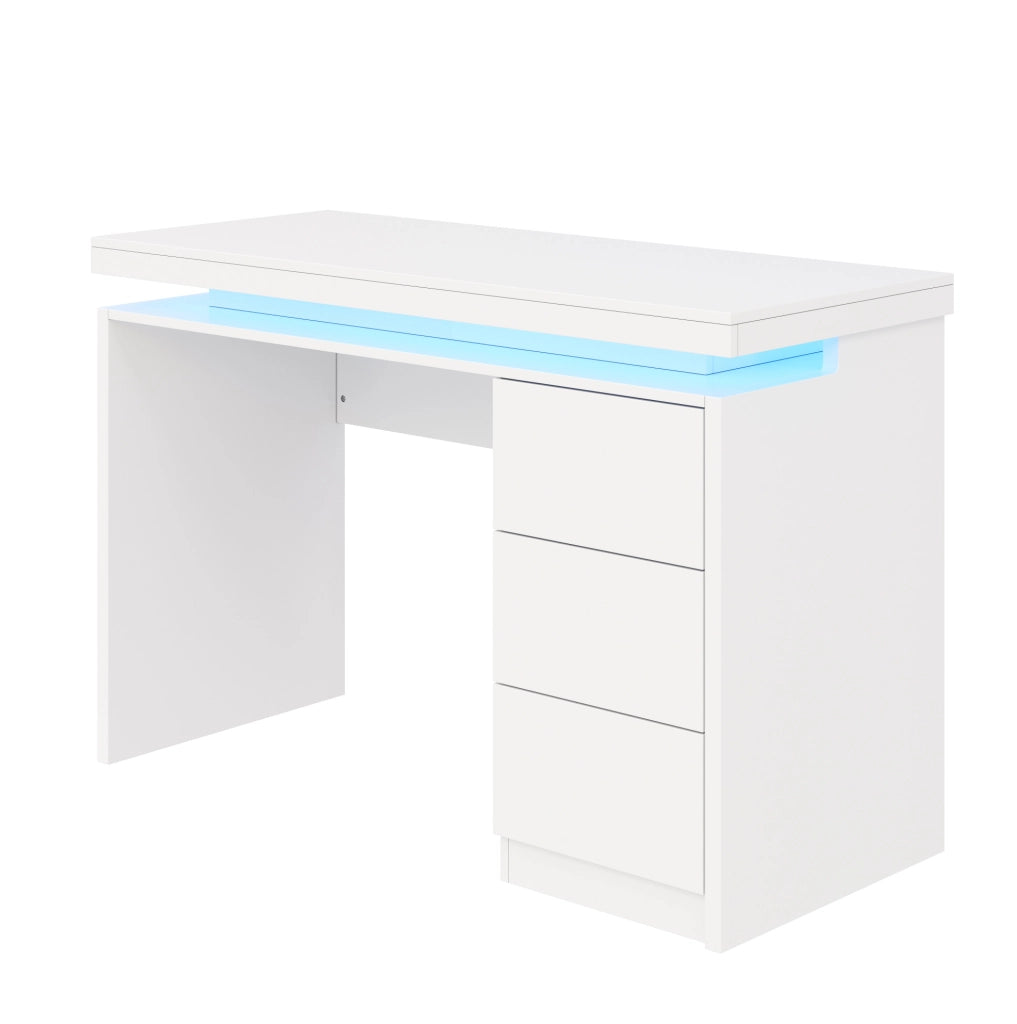Scrivania LED 120x50x78;5 cm con 3 cassetti; MDF bianco opaco