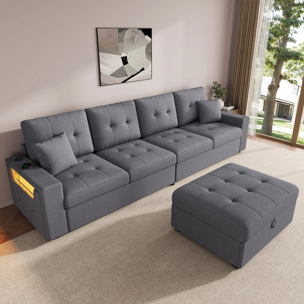 DIVANO ANGOLARE L 4 POSTI 253 cm Grigio Antico in Lino con pouf posizionabile