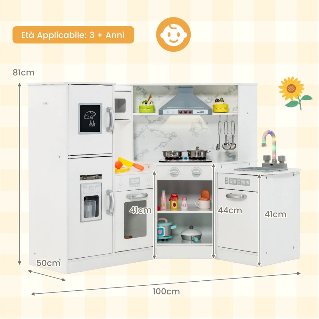 Cucina giocattolo per bambini in legno con lavabo separato suoni e luci divertenti-Set da cucina per giochi Bianco
