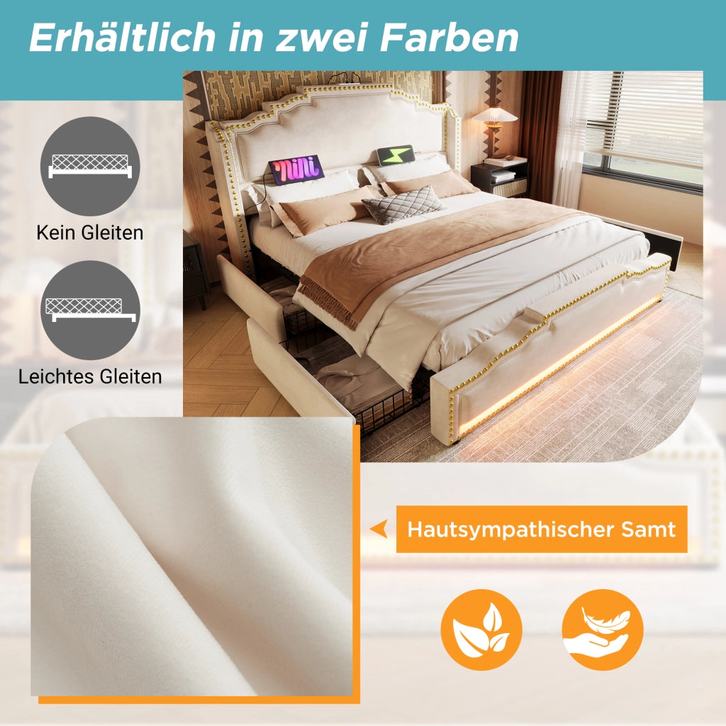 OKWISH Letto con Cassetti 140×200 cm, Letto Matrimoniale con 4 Cassetti, LED Regolabile e USB e Tipo C, senza Materasso, Velluto, Beige