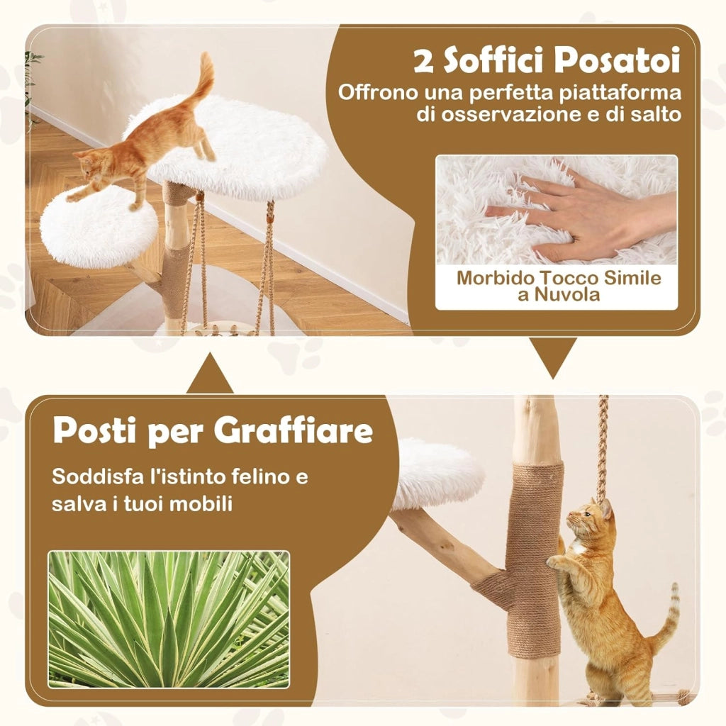 Albero Tiragraffi per Gatti 70 x 50 x 123 cm, Torre per Animali Domestici con Amaca Altalena, Rami di Legno Reale, Pali Tiragraffi di Juta e 2 Posatoi, Giochi per Gatti da Interno