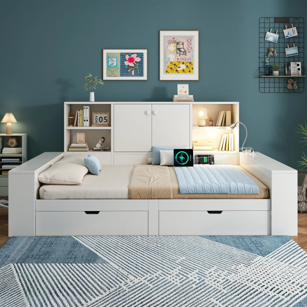 Letto con contenitore 140x200 cm; USB e luce da lettura; legno bianco