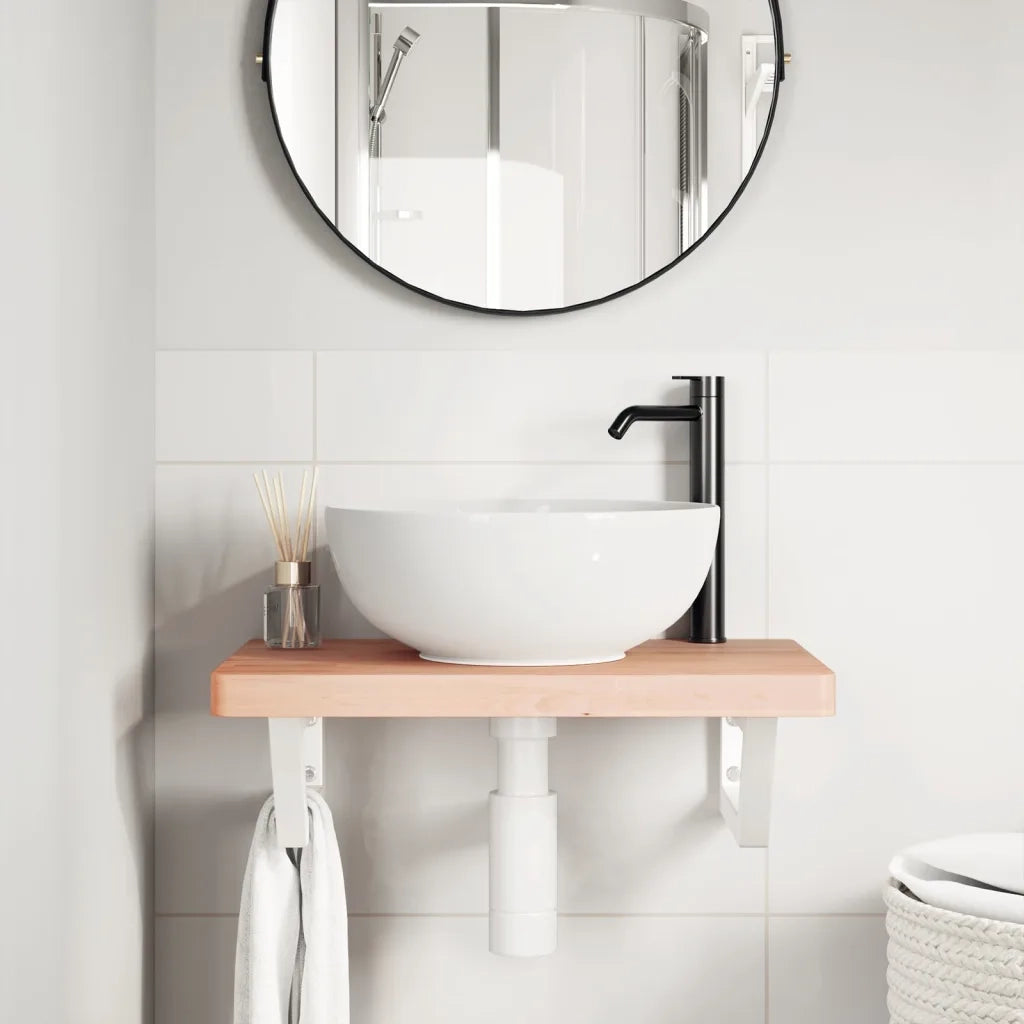 Ripiano a Parete per Lavabo in Acciaio e Massello di Faggio