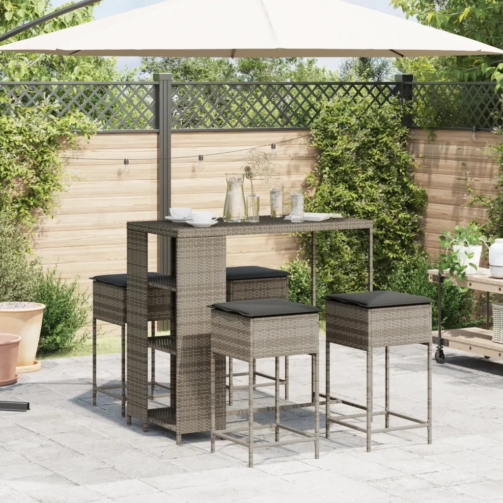 Set Bar da Giardino 5 pz | Set Salotto da Giardino con Cuscini in Polyrattan Grigio