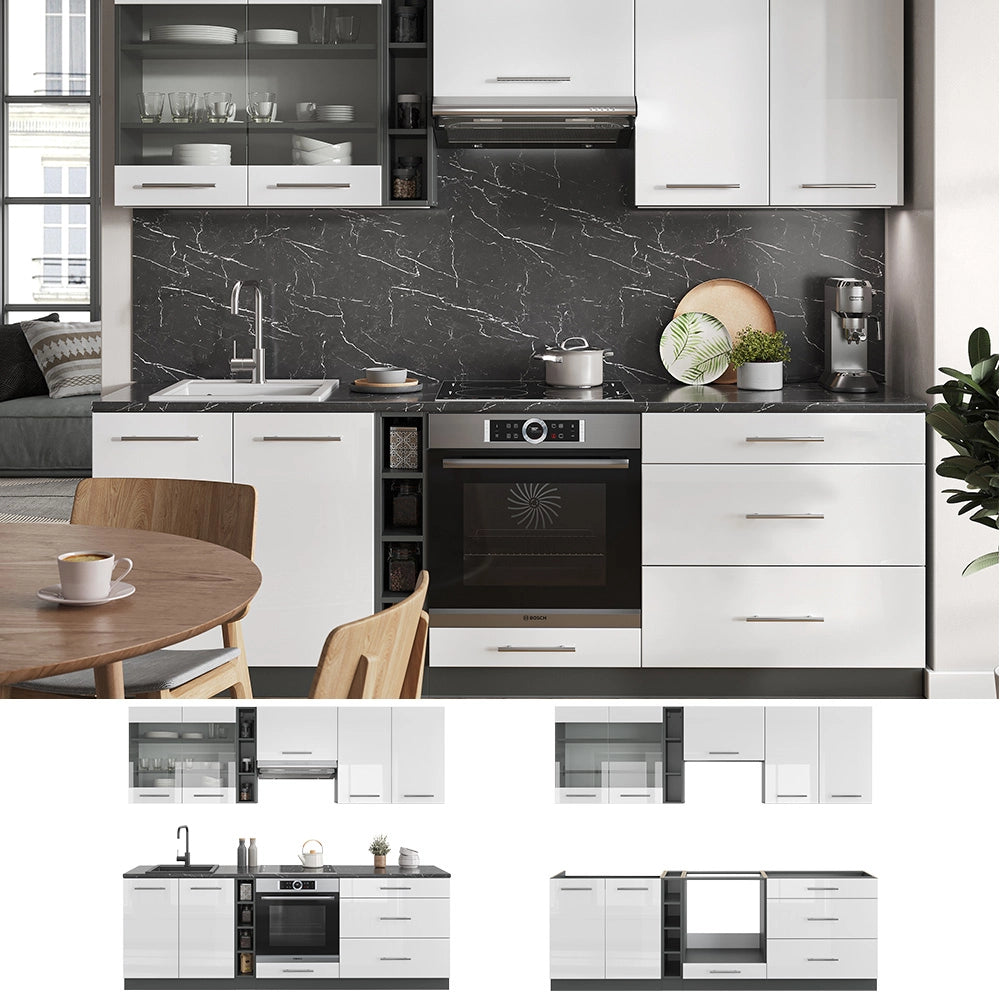 Vicco Cucina componibile Bianco lucido/antracite 235 cm senza piano di lavoro
