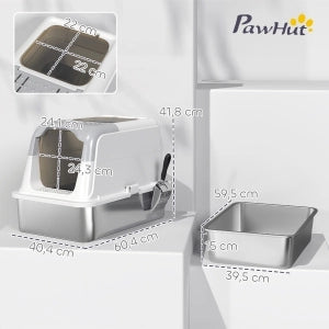 Cassetta igienica per gatti con coperchio, ingresso frontale e uscita superiore, acciaio inox, fino a 15 kg, bianco