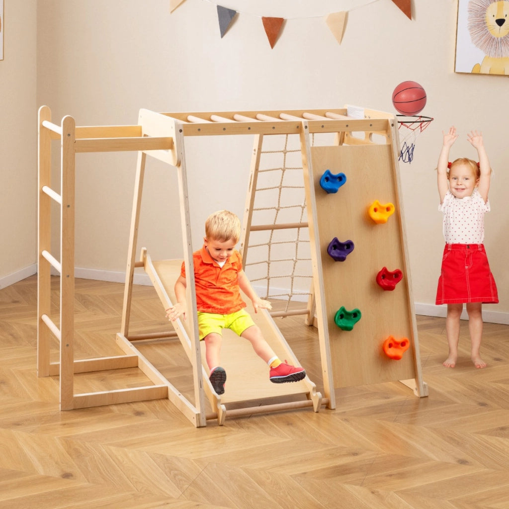 Parco giochi bambini 6 in 1 legno set arrampicata con scivolo, Parco giochi bambini arrampicata e canestro basket Legno naturale-Arrampicate e scivoli