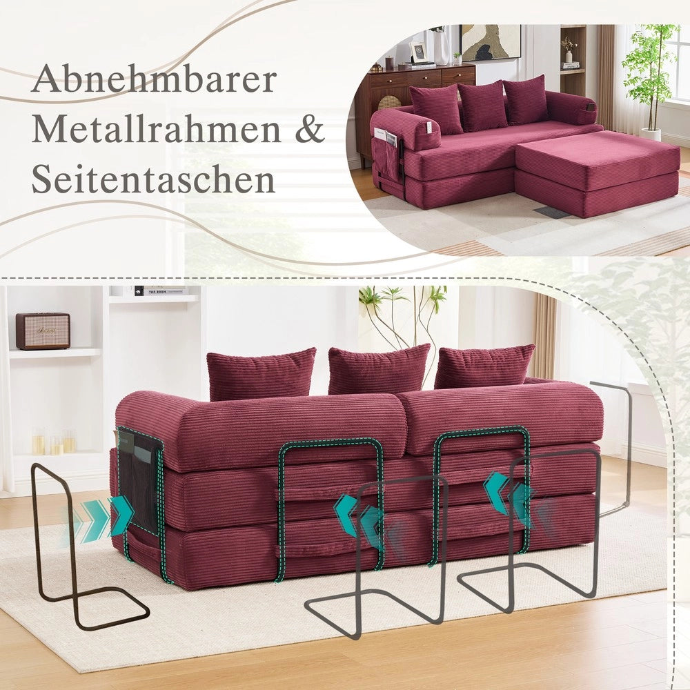 Divano imbottito con poggiapiedi ¨C Minimal ¨C velluto bordeaux, metallo, con cuscini, 3 posti