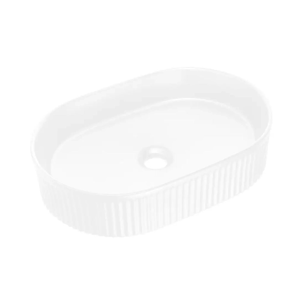 Ensemble VANO bianco 60cm: mobile sottolavabo con ante + piano per lavabo bianco + lavabo da appoggio scanalato bianco