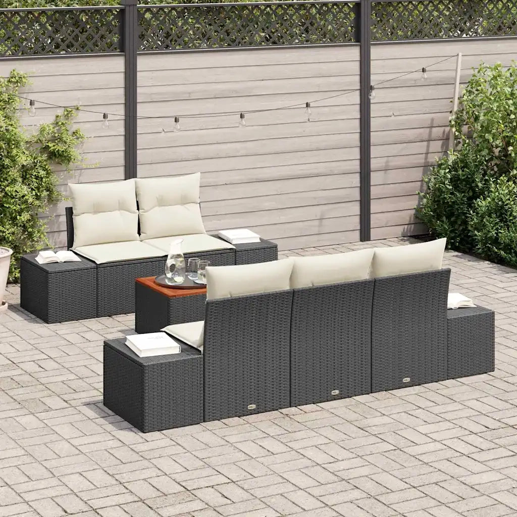 Set Divano da Giardino 6 pcs Nero e Crema polyrattan