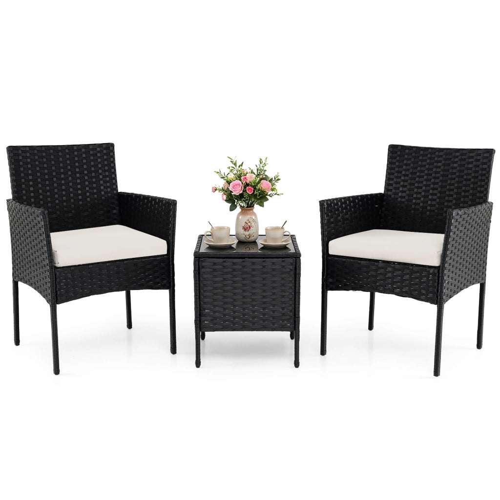 Set mobili da giardino 3 pezzi in rattan con tavolino vetro temperato e 2 poltrone, Arredamento esterno per patio balcone e piscina Beige