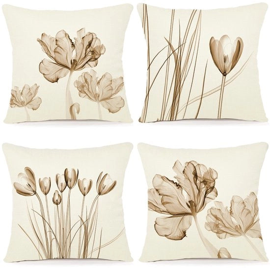 Set di 4 Copricuscini da Esterno Decorativi 60x60 cm in Tela con Disegno di Fiori Aquarello