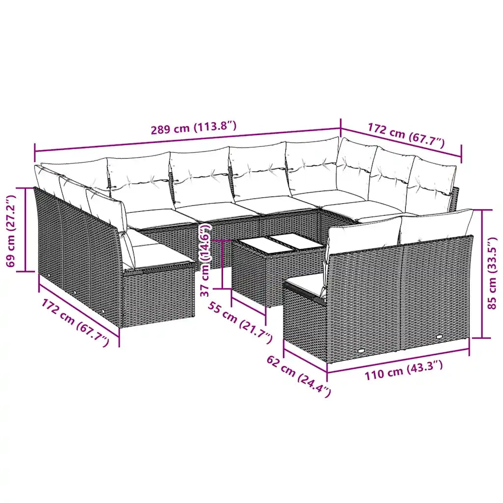 Set Divano Giardino 12 pz con Cuscini Grigio Chiaro Polyrattan