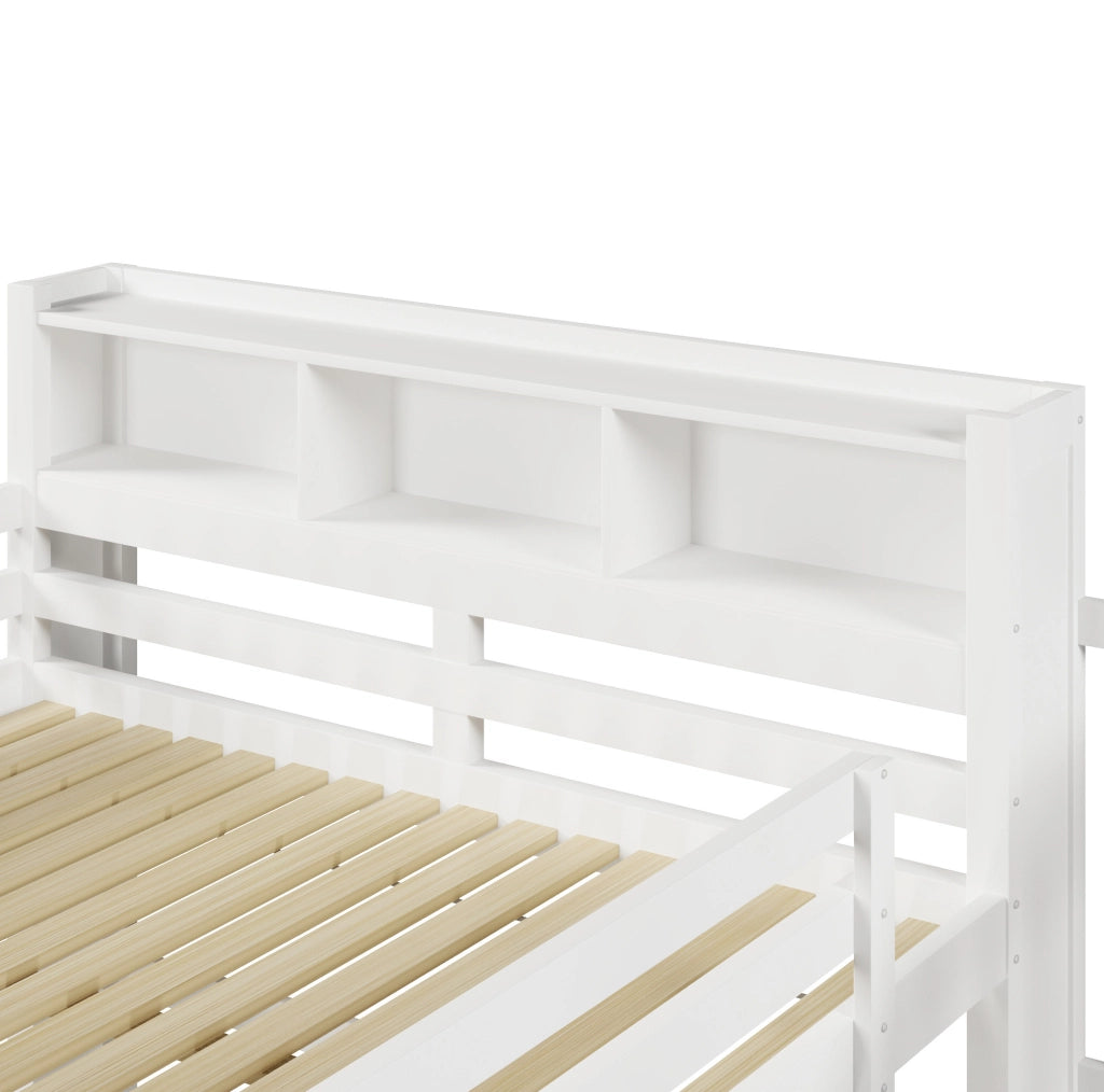 Letto a soppalco ULEVR 140x200 cm con LED, scala con contenitore e vani aperti, bianco