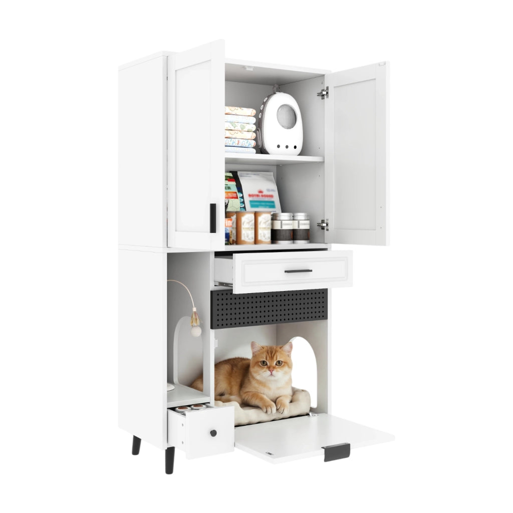 Armadio multifunzione per gatti 80x40x161 cm con ripiani regolabili; cassetti; legno ingegnerizzato bianco