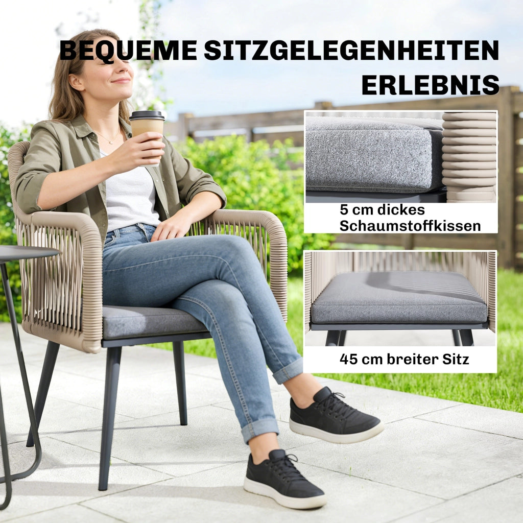 Set di 2 poltrone da giardino: resistenti; braccioli; cuscini; struttura in metallo; capacità 120 kg; grigio chiaro
