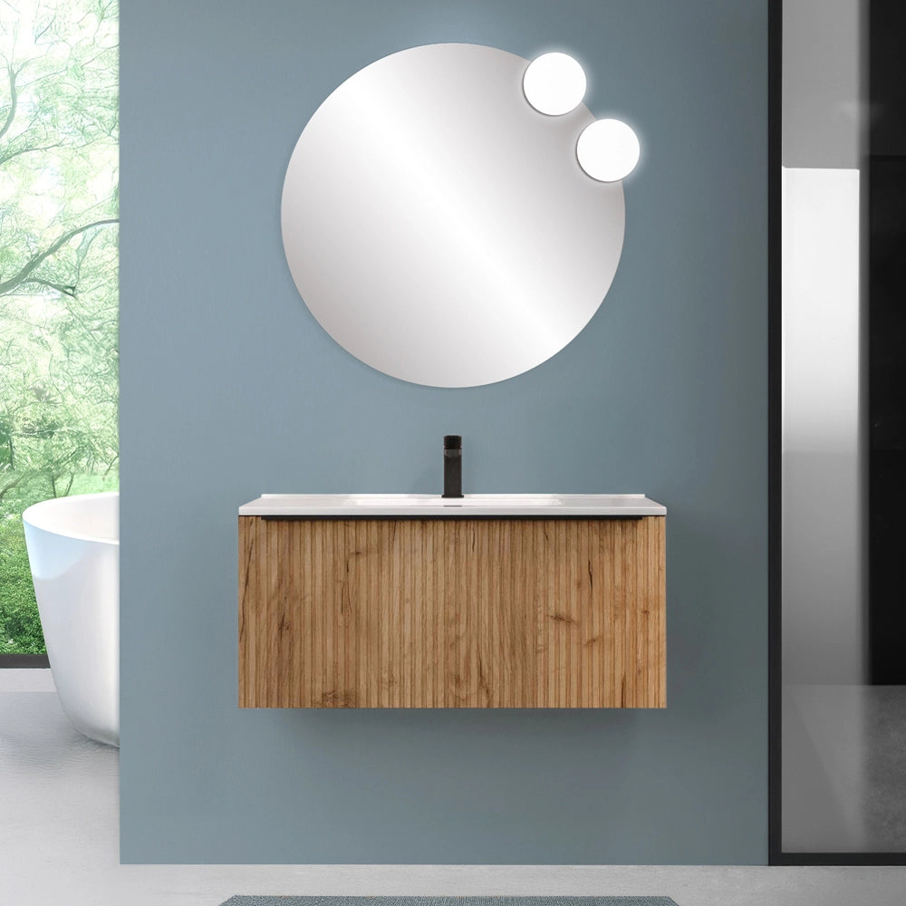 Mobile bagno sospeso 100 cm rovere africa cannettato con cassetto e lavabo Nara