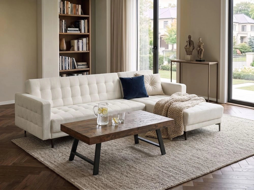 Divano letto angolare in tessuto bianco sporco versione sinistra moderno a L componibile