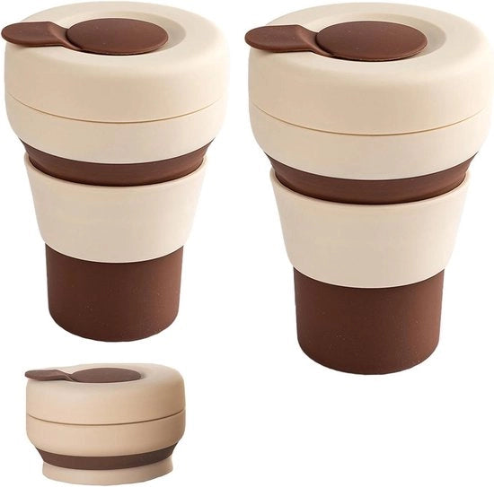 Mokkini siliconici pieghevoli - set di 2 bicchieri portatili con coperchio ermetico per campeggio e viaggi (marrone, 355 + 450 ML)