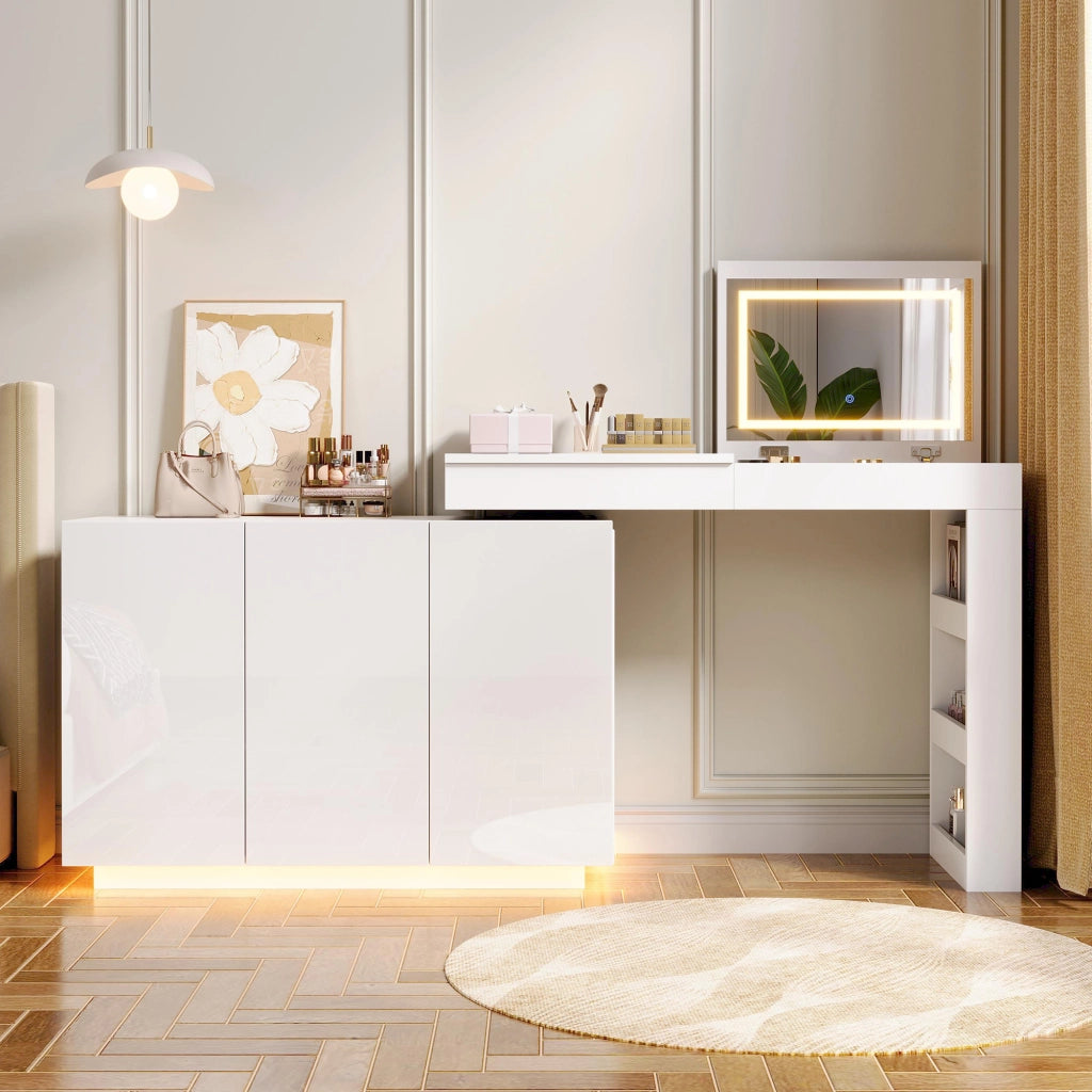 Tavolo da trucco angolare girevole con specchio LED, piano lucido bianco, 100¡Á40¡Á80 cm