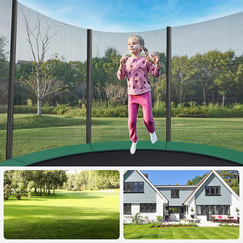 Trampolino da esterno diametro 427 cm attrezzatura da giardino con scaletta rete protettiva pali rivestiti nero e verde scuro 12_0002075