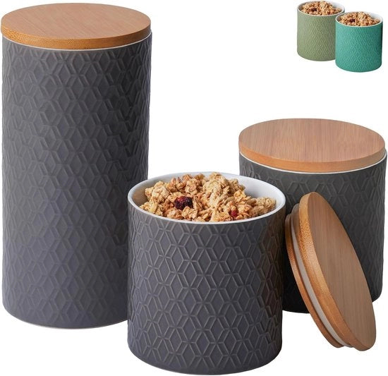 Pannelli di stoccaggio ceramici con coperchio in bambù - ermetici - 3 pezzi - grigio - ceramica