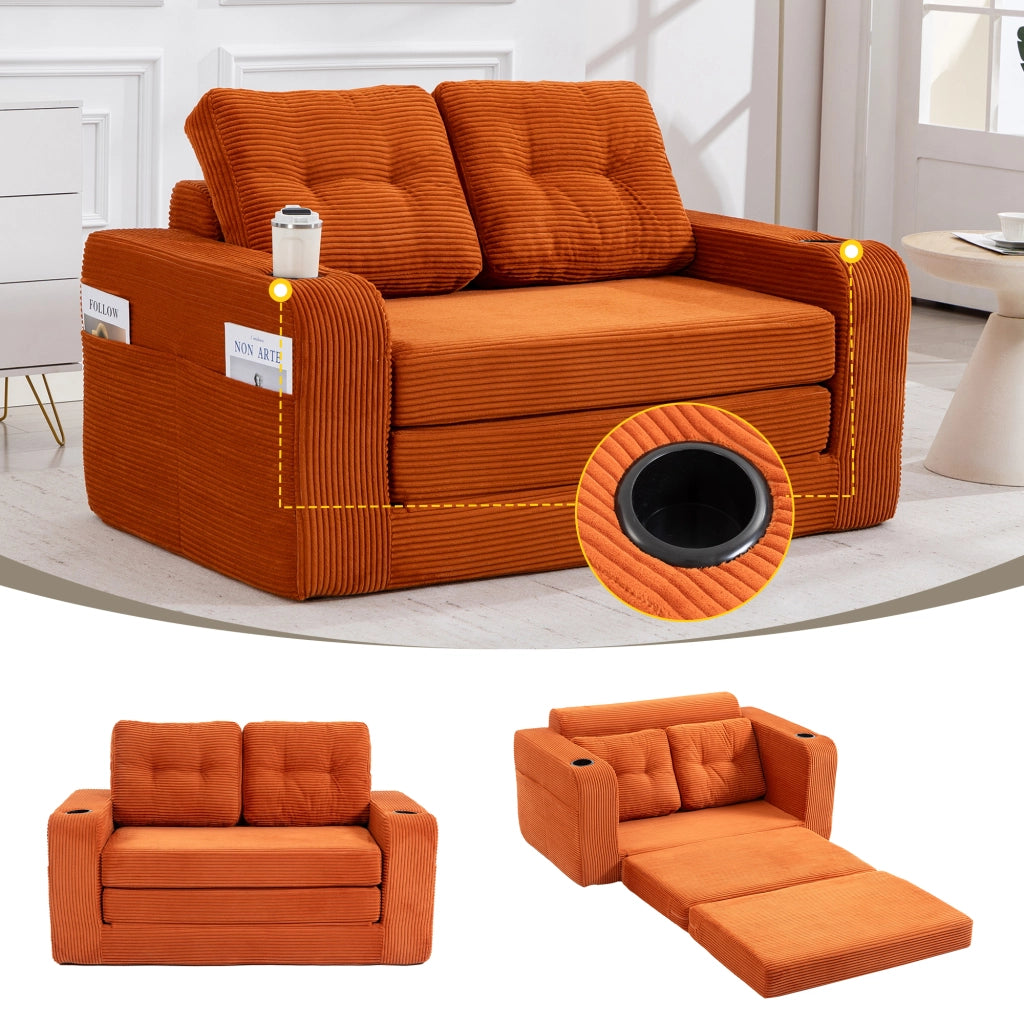 Divano modulare a due posti in velluto a coste con braccioli portabicchieri e tasche laterali arancione 136 × 80 × 82,5 cm
