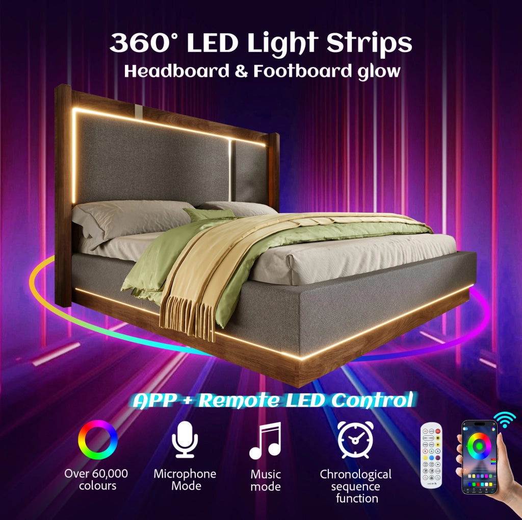 Letto matrimoniale 140x200 cm con contenitore; LED e rete a doghe; grigio e noce