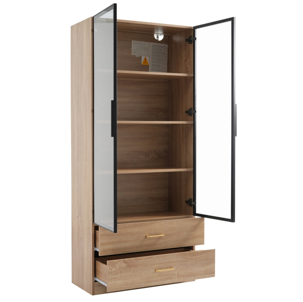Armadio bagno 75 cm in MDF marrone con luce, 2 cassetti e ante in vetro