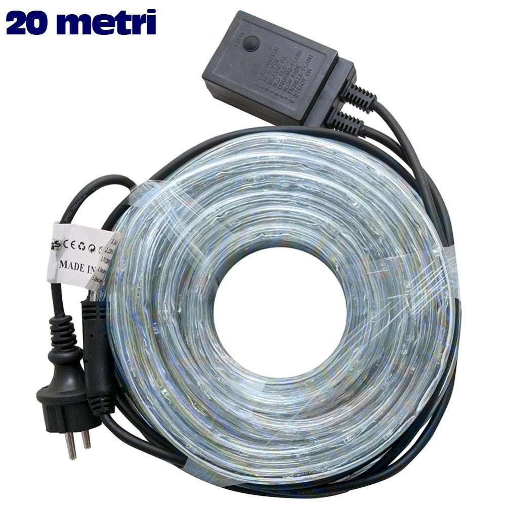 Trade Shop - Tubo Luminoso Natalizio 20 Mt Led Bianco Freddo Controller 8 Funzioni X Esterno -