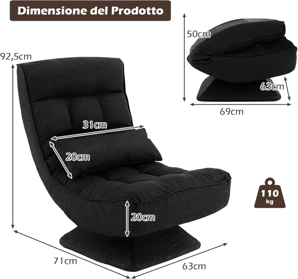 Poltrona da Terra Girevole 360°, Poltrona Relax con Schienale Regolabile a 4 Posizioni, Sedia Pieghevole con Base, per Soggiorno Camera da Letto (Nero)