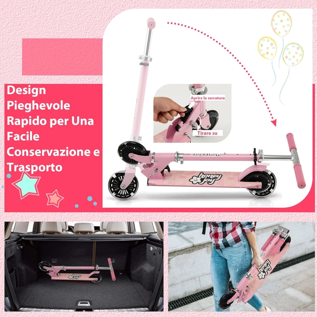 Monopattino Bambini, Monopattino Bambino e Bambina +3 Anni Pieghevole con 2 Ruote Lampeggianti, Manubrio Regolabile e Freno (Rosa)
