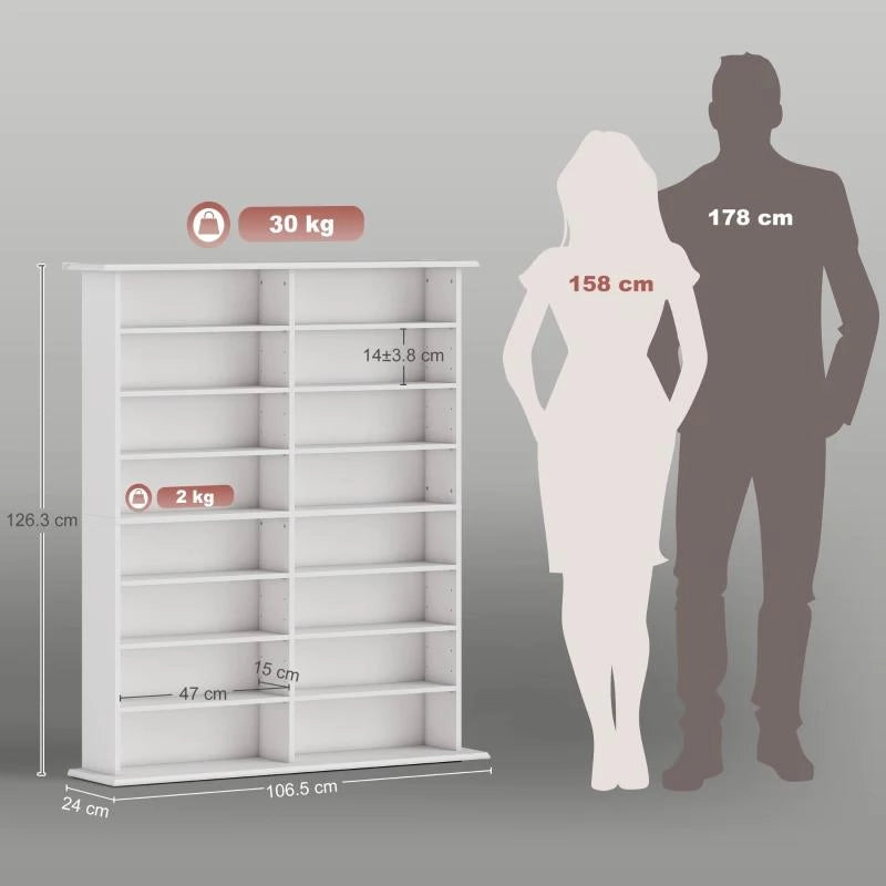 MOBILE LIBRERIA PORTA CD A 16 RIPIANI DAL DESIGN MODERNO IN LEGNO, 106.5X24X126.3 CM, BIANCO