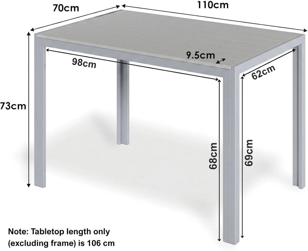 Tavolo da Giardino 110x70 cm, Tavolo da Terrazzo in WPC per 4-6 Persone, Tavolo da Balcone Resistente alle Intemperie con Telaio in Alluminio, Design Effetto Legno,Grigio Totale