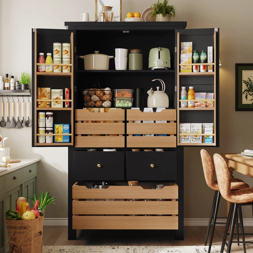 Credenza da cucina 80x40x140 cm con ampio spazio contenitivo in MDF e metallo nera
